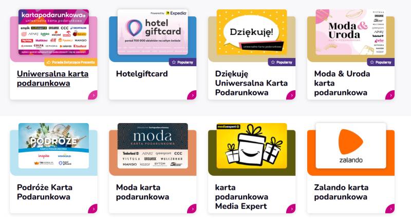 Przykładowe karty podarunkowe dostępne online – między innymi na zakupy, podróże, modę, kosmetyki i elektronikę.